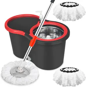 Set of Spin Mop And Bucket with Wringer, Ideal for Bathroom Use, Including a 360° Spinning Mop Bucket System with Three Microfiber Mop Replacement Heads And a 61" Adjustable Stainless Steel Handle for Effective Floor Cleaning