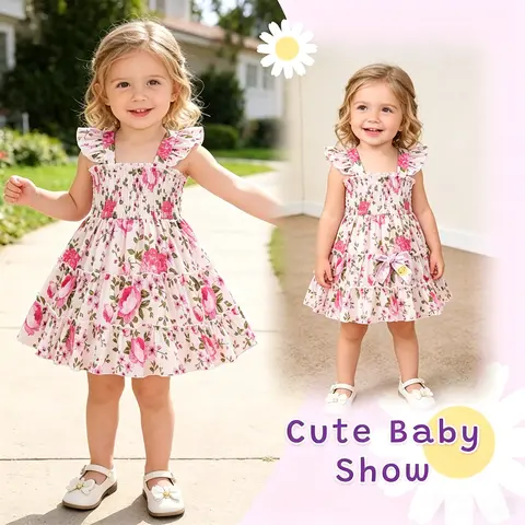 Younger Tree Toddler Floral Print Dress - Cotton Blend A-Line Boho Tropical Square Neck Halter Flutter Sleeves, Cool Vented Beach-Ready Summer Dress for 6-7 Years Baptism Cute Looks