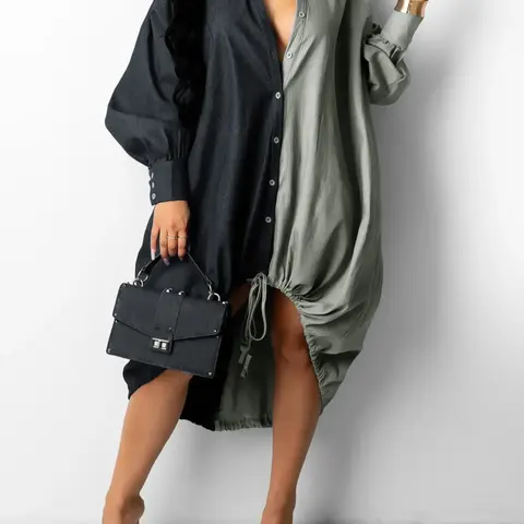 Women's Color-Block Drawstring-Hem Dress, Casual Button-Front Long-Sleeve Dress for Spring and Fall, Women's Clothing for Daily Wear, Casual Chic Dress