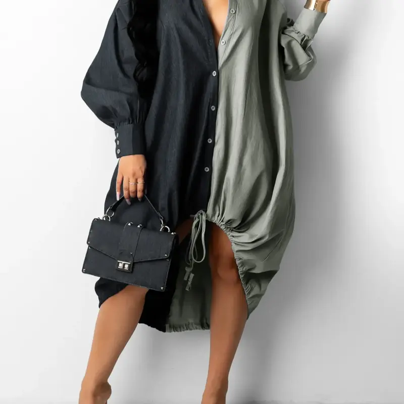 Women's Color-Block Drawstring-Hem Dress, Casual Button-Front Long-Sleeve Dress for Spring and Fall, Women's Clothing for Daily Wear, Casual Chic Dress