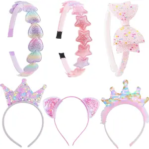 L-HDW114 Headbands for Girls 6 Pack Toddler Headbands Glitter Kids Hairband Cat Bow Heart Star Crown Hair Accessories for Toddler Girls Teens