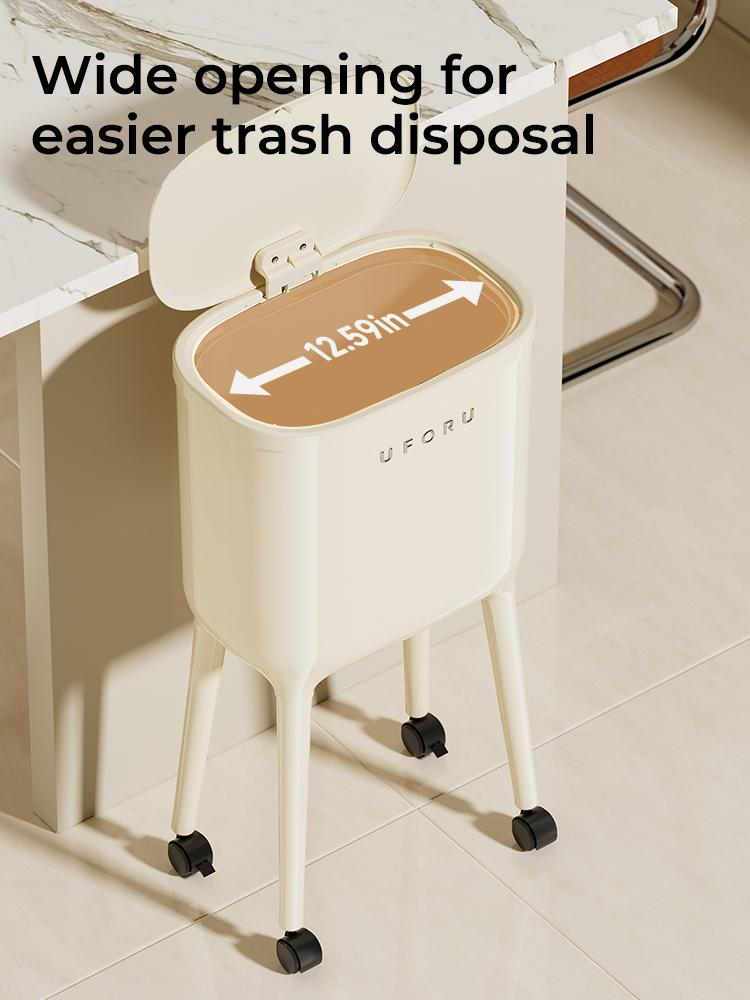 UFORU 16L Rolling Home Trash Can - Smooth, Water-Proof, High-Leg (No-Bend), Pressure-Sealed Odor-Proof Lid, Lockable Wheels, Space-Saving Slim Profile, Durable ABS & PP, 3 Color Options for Kitchen, Apartment Accessories