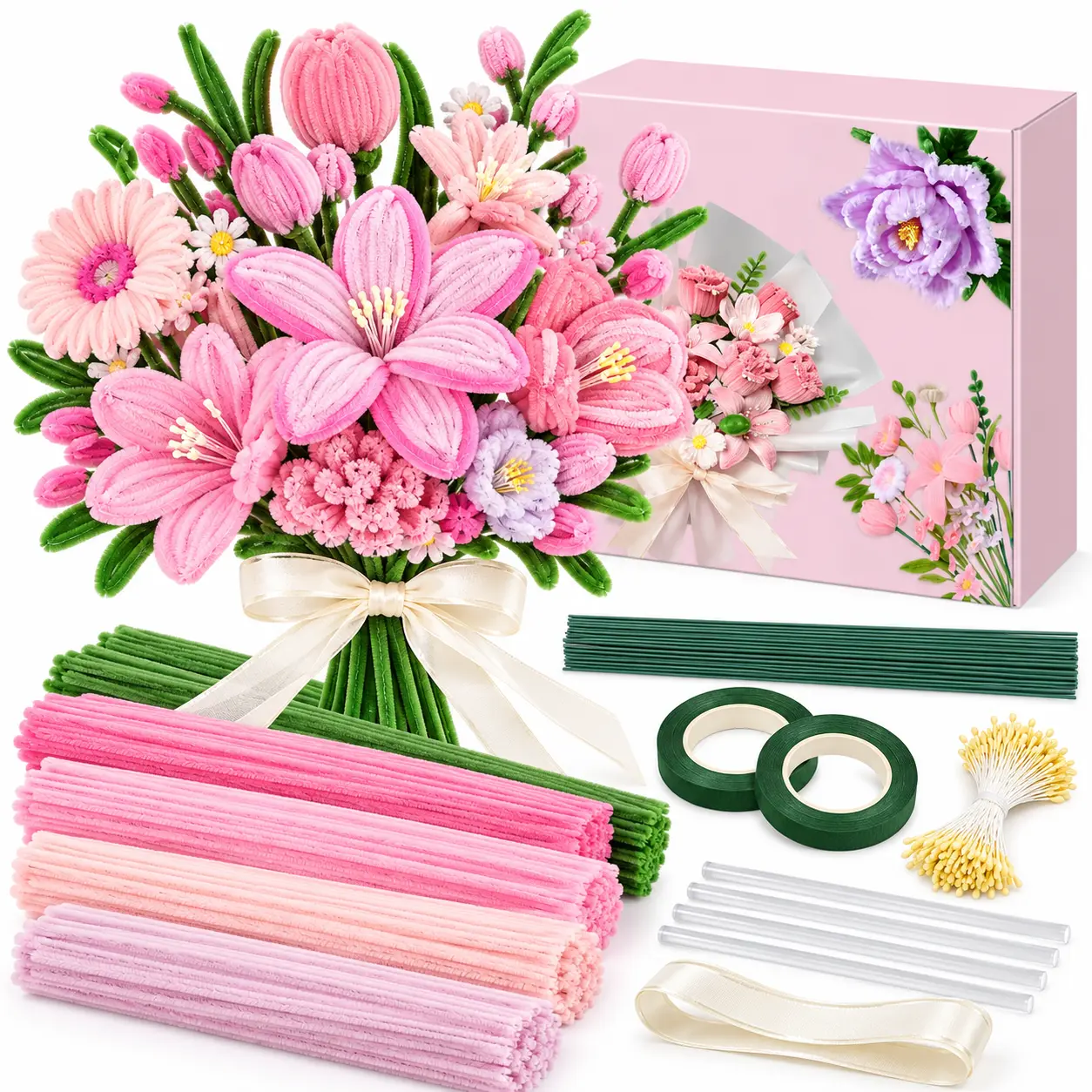 400pcs Pipe Cleaners Flower Making Kit - Easy-to-Use DIY Rose Flower Arts & Crafts Supplies, Plush Colorful Bouquet Accessories for Beginners, All Ages Creative Expression