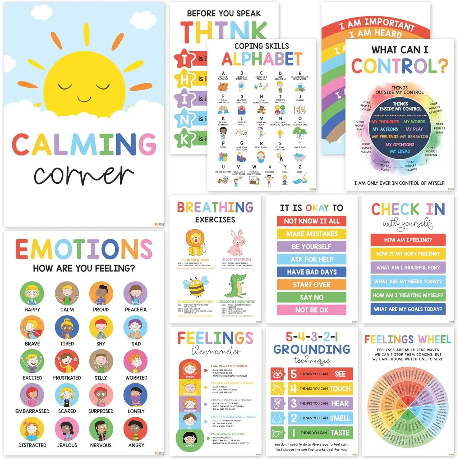 12 Preschool Mental Health Wall Decorations, Home Classroom Decorations, Teacher Decor - Calm Corner Classroom Posters, Emotion Wheel Charts, Children's Emotion Posters, and, Calm Corner Therapy Office Decorative Supplies