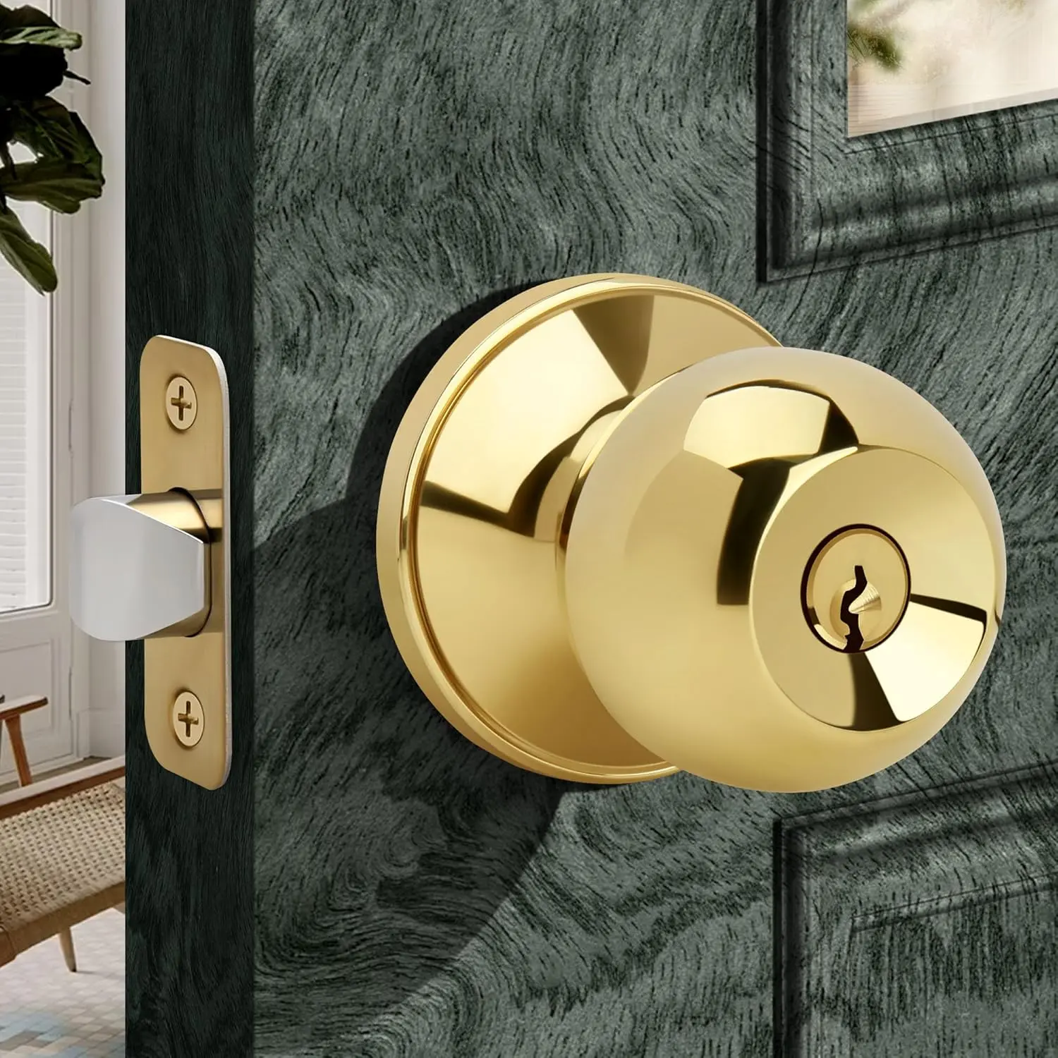 Polished Brass Keyed Door Knob with Lock and Key - Adjustable Solid Latch, ANSI Grade 3 Safety Compliant, Anti-Theft Door Hardware for Interior, Exterior Front Use