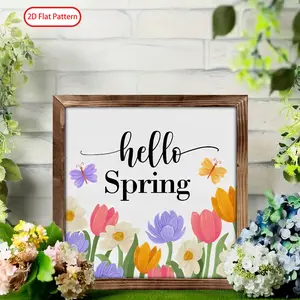 (2D Flat)  1PC 8 x 8 Inches Ramadan Wooden Sign, Modern Hello Spring Flower Butterfly , Wooden Frame Art ,  Islamic Eid Mubarak Decor Perfect Eid Gift for Coffee Bar & Window Sill Living Room & Prayer Room