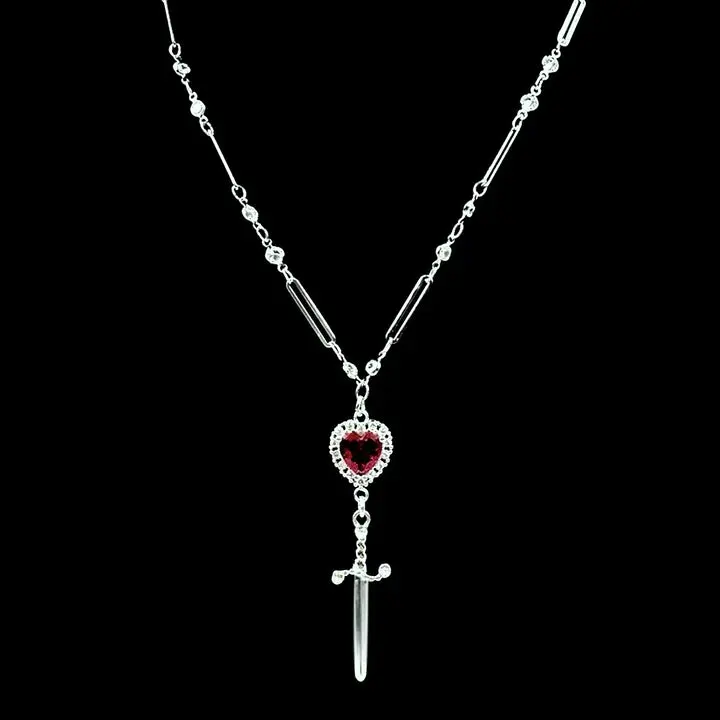 Silver Heart Dagger Crystal Chain Necklace