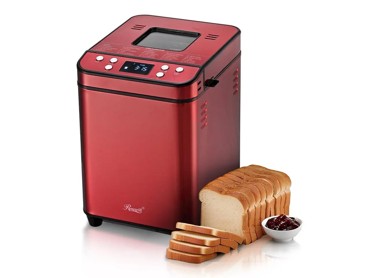 Rosewill 25-in-1 Automatic Bread Maker Machine with 3 Loaf Size up to 2LB, 700W High Power Dual Heater Bread Maker with BPA-free Nonstick Coating Pan, Max 15 Hours Delay Timer, Low Noise - Red Velvet