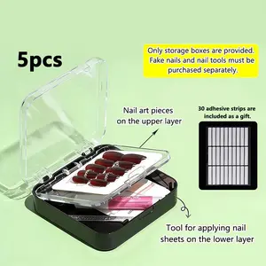 5pcs, Portable double-layer nail art storage box with transparent design. The upper layer is for nail art pieces, while the lower layer holds nail tools. It can be stacked for easy use. Features a push-lock closure, making it ideal for travel.