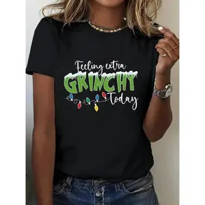 [ Cotton] Women'S Plus Size Graphic T-Shirt - . Seuss Inspired Christmas Design With "Feeling Grinchy Today" & Heart Print, Comfortable Medium Stretch Crew Neck Short Sleeve Casual Top,  Relaxed Fit For Casual Attir Golf Gift T-Shirt For Men And Women2ZX