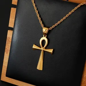 Unisex Flash & Finesse Retro Stainless Steel Coptic Ankh Cross Pendant Necklace, Long Chain Egyptian Religious Costume Jewelry, Daily Wear Christmas Gift (Silver/Gold Plated)