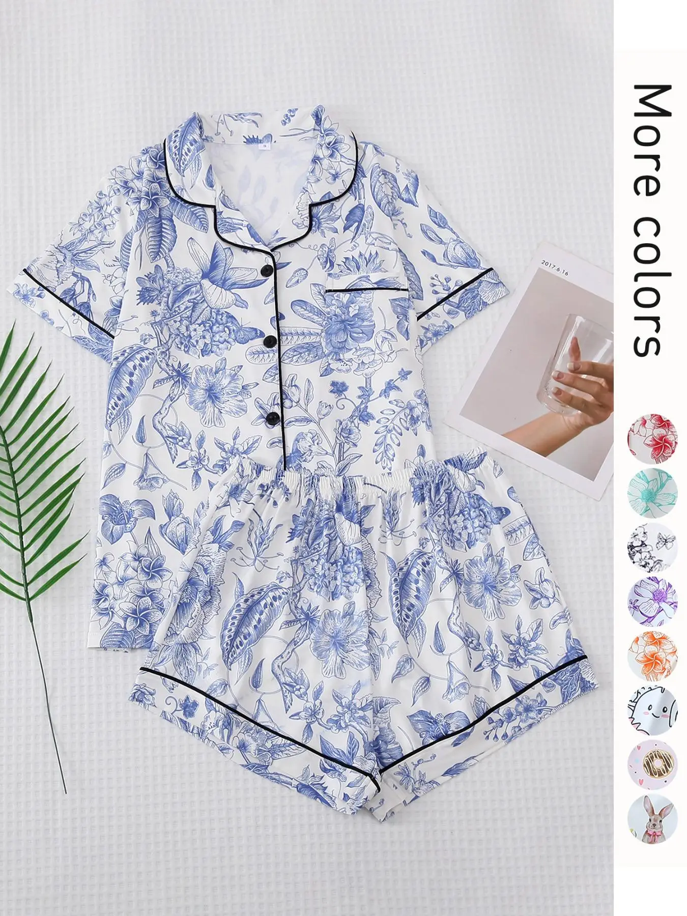 2 Counts Women's All Over Print Contrast Binding Lapel Shirt & Shorts Pyjama Set, Back To School Button Front Short Sleeve Top & Elastic Waist Shorts