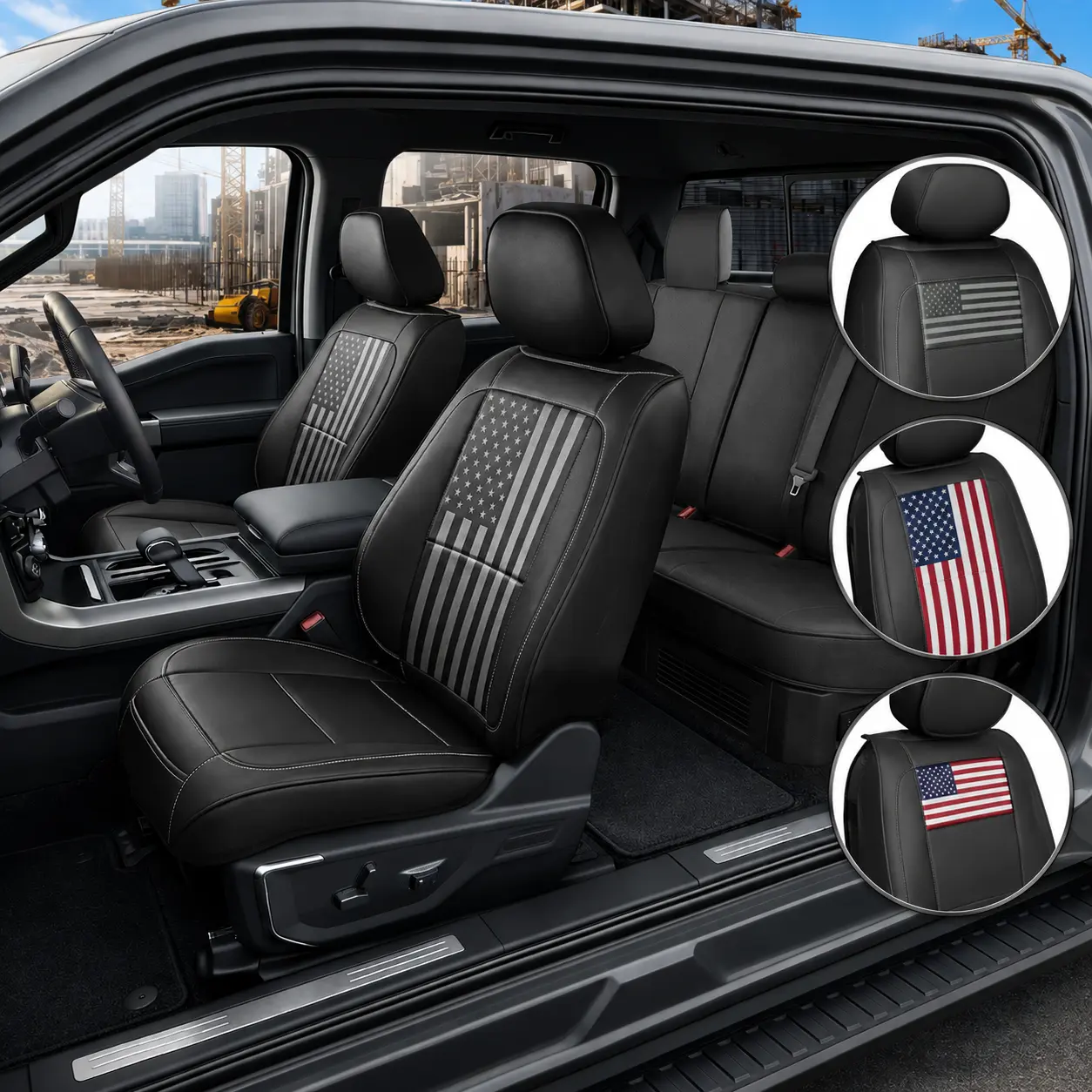 MotorBox American Flag Leather Seat Covers for Cars/Trucks/SUVs - Waterproof, Airbag-Safe, Memory Foam Pad Patriot Edition - 2pc Fronts or Full Set Seat Covers for Cars