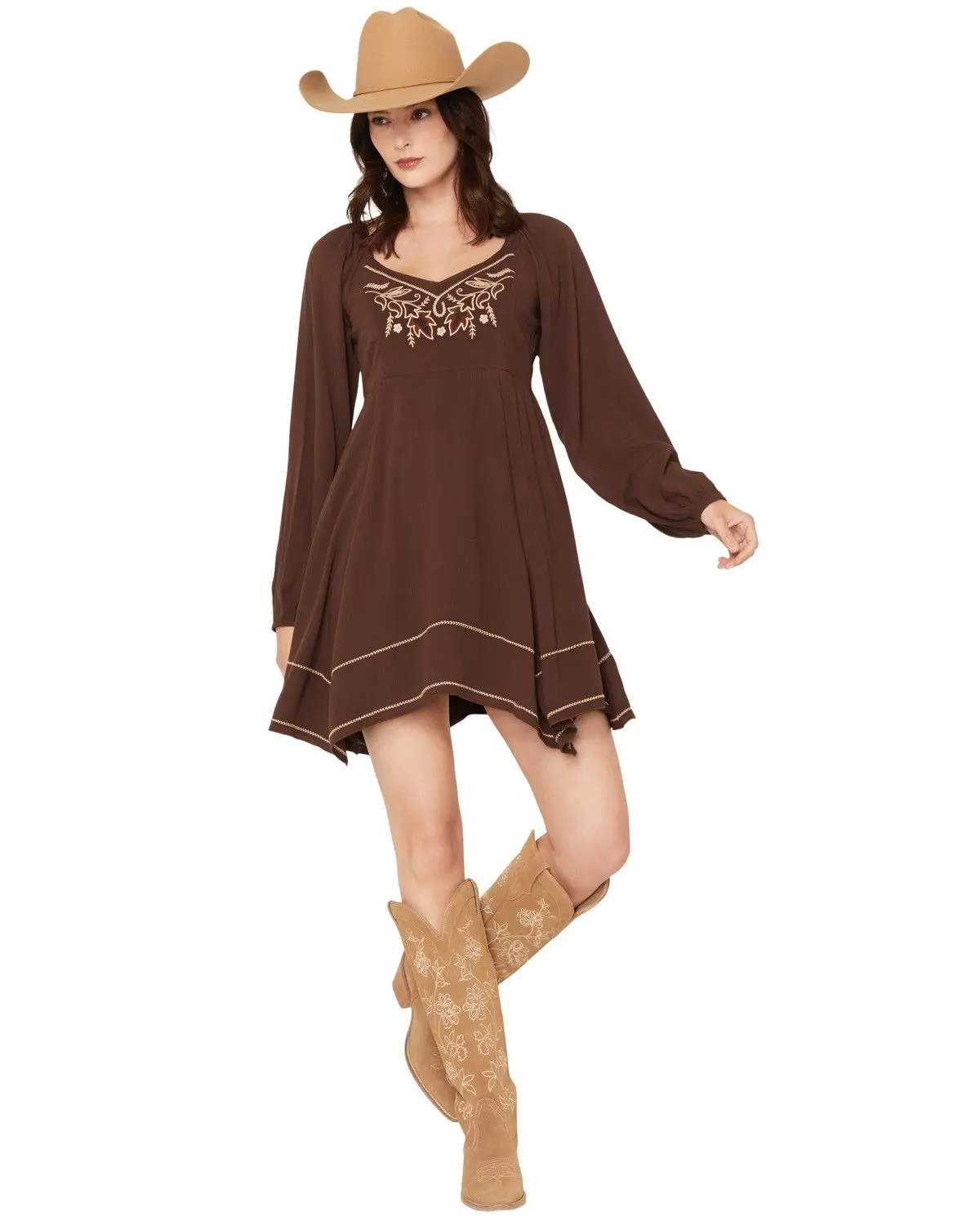 Shyanne Women's Women'S Piper Hanky Hem Embroidered Long Sleeve Mini Dress - Swfa26d2-Dkbn