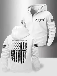 Men's Fashion Hooded Long Sleeve Sweatshirt with Zipper, Patriotic 1776 Flag Design, Casual Outdoor Fall Winter Clothes, Fitted Style