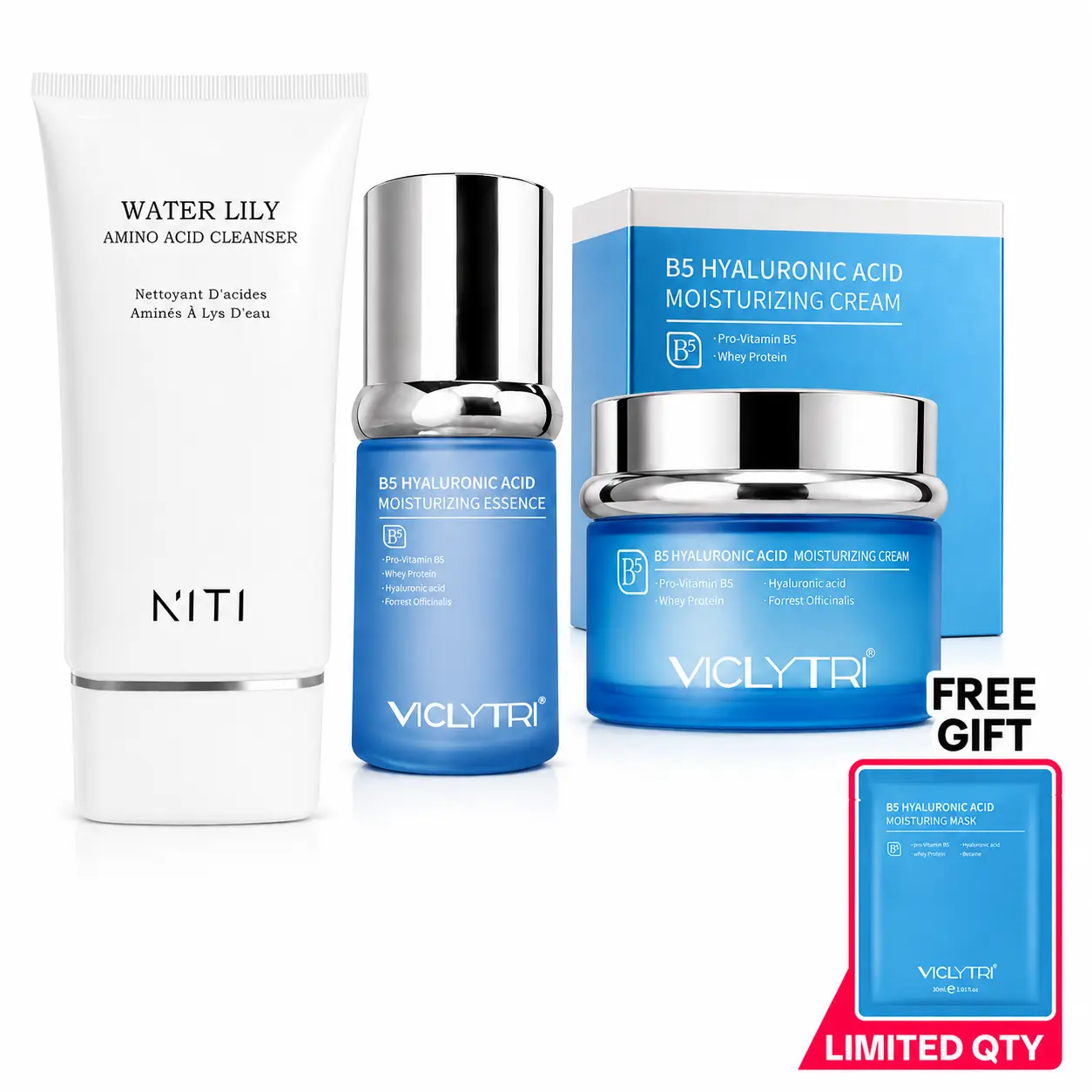 AORA NITI & VICLYTRI 3-Step Hydrating Skincare Set, Amino Acid Cleanser, Hyaluronic Acid B5 Essence, Moisturizing Face Cream and Sheet Mask