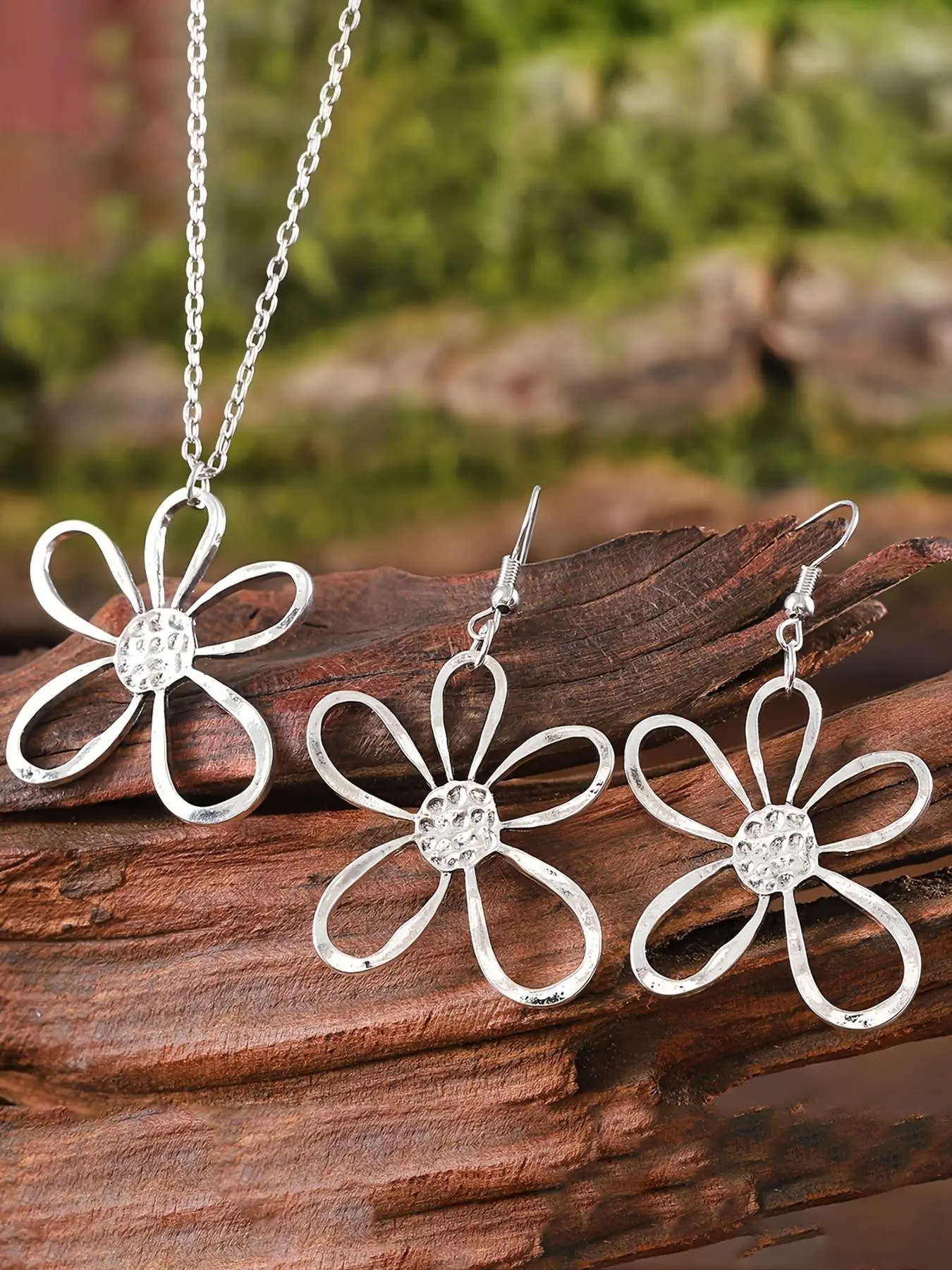 Vintage Bohemian Floral Pendant Necklace & Earrings Gardenia Set, Elegant Hollow Out Design, Fashionable Women's Jewelry, Perfect Gift, Necklaces Earrings Set, Jewellery Gift Set