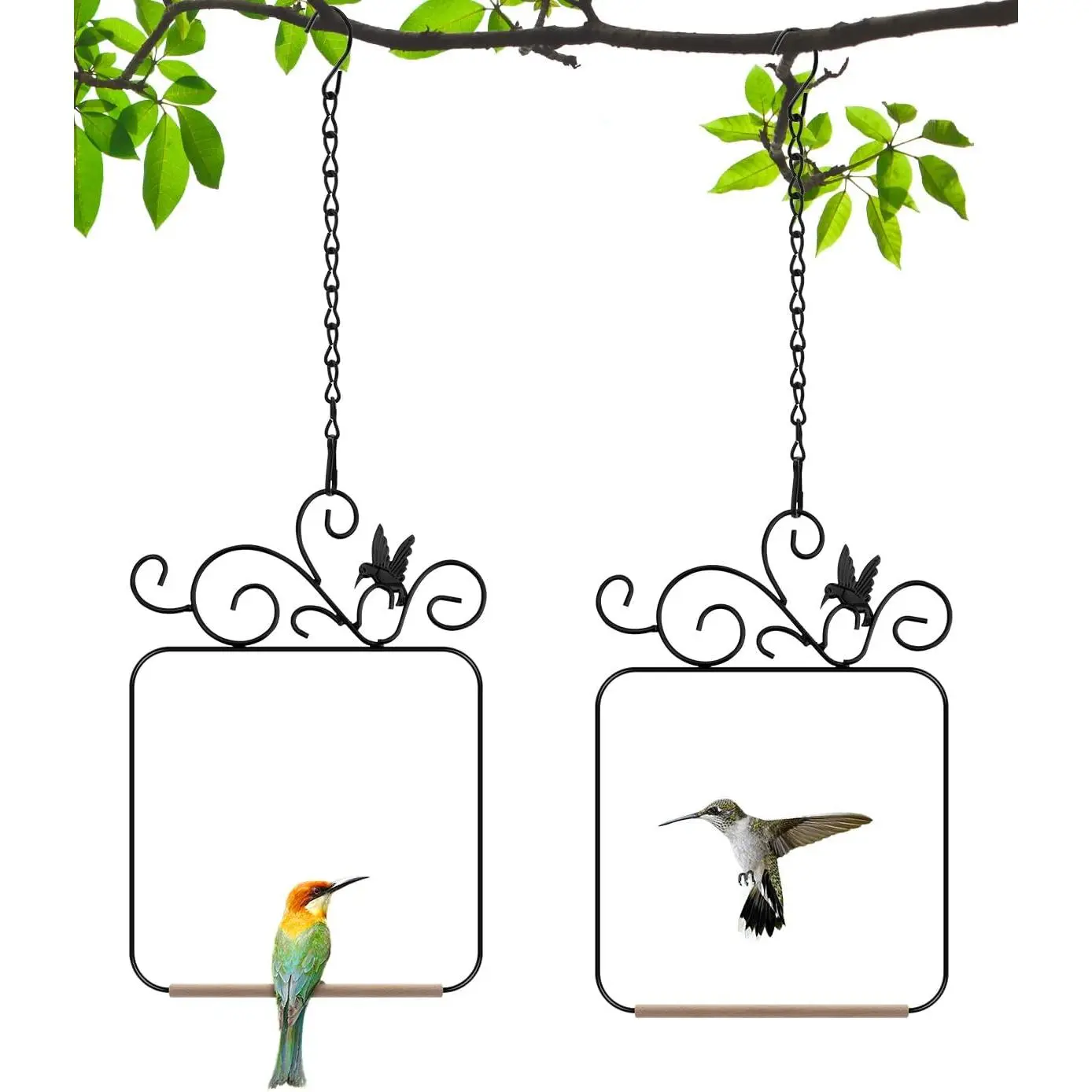 Hummingbird swing and perch stand with metal frame, 2-piece set, outdoor bird perch with wooden pole and 2 hanging chains, suitable for indoor, outdoor, tree trunks, lawns, patios, gardens (for 2 hummingbirds)