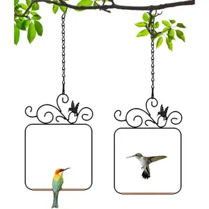 Hummingbird swing and perch stand with metal frame, 2-piece set, outdoor bird perch with wooden pole and 2 hanging chains, suitable for indoor, outdoor, tree trunks, lawns, patios, gardens (for 2 hummingbirds)