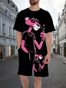 New Trendy Men's Cartoon Pattern Full-Print Sports Two-Piece Set, Short Sleeve Shorts 2 Piece Set, Casual Fitted Style