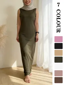 Muslim Sleepwear inner dress for Women, Ramadan Eid Pure Color Sleeveless inner Dress, Dubai Luxury Islamic Kaftan Underwear, Comfortable Long Nightgown [not included hijab]