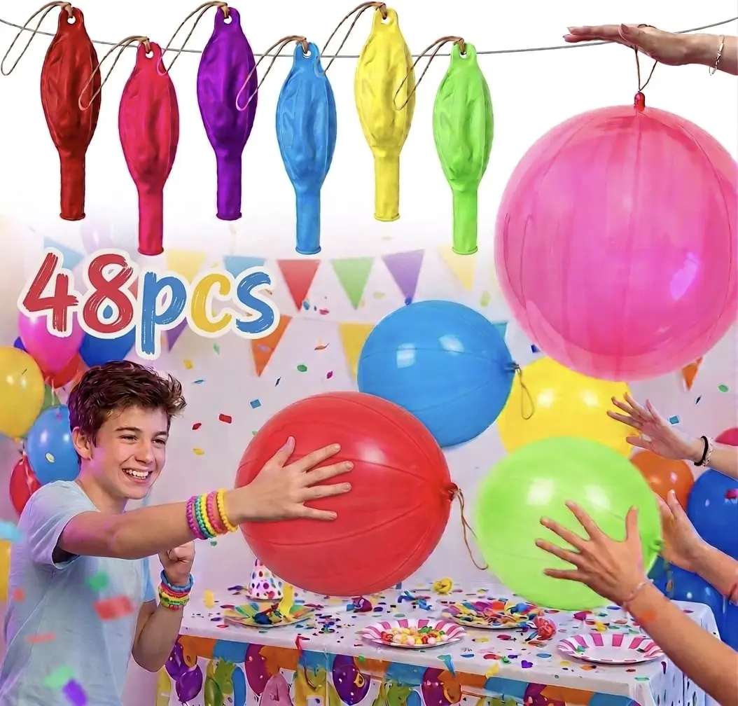 48Pcs Heavy Duty Neon Latex Balloon Kit - Thick, Kids Safe Party Decor with Easy Size Control, Multi-Colors for Kids Birthday, Wedding Supplies & Party Bag Gift Bundle, Natural Latex