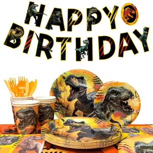 Jurassic World Birthday Decorations Tableware, 127pcs Jurassic World Party Decorations Set - Dinosaur Theme Party Plate Cups Napkins Tablecloths Banner etc Jurassic Park Birthday Party Supplies