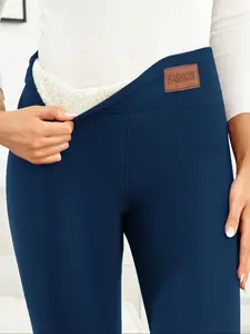 Women's Basic Letter Patched High Waist Thermal Lined Leggings, Casual Comfy Warm Skinny Pants for Fall & Winter, Women's Bottoms for Daily Wear