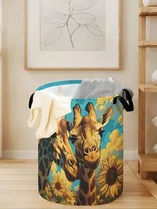 Giraffe Print Fabric Portable Laundry Basket with Handle, Durable Foldable Clothes Storage Bin, Large Capacity Toy Organizer for Home Use
