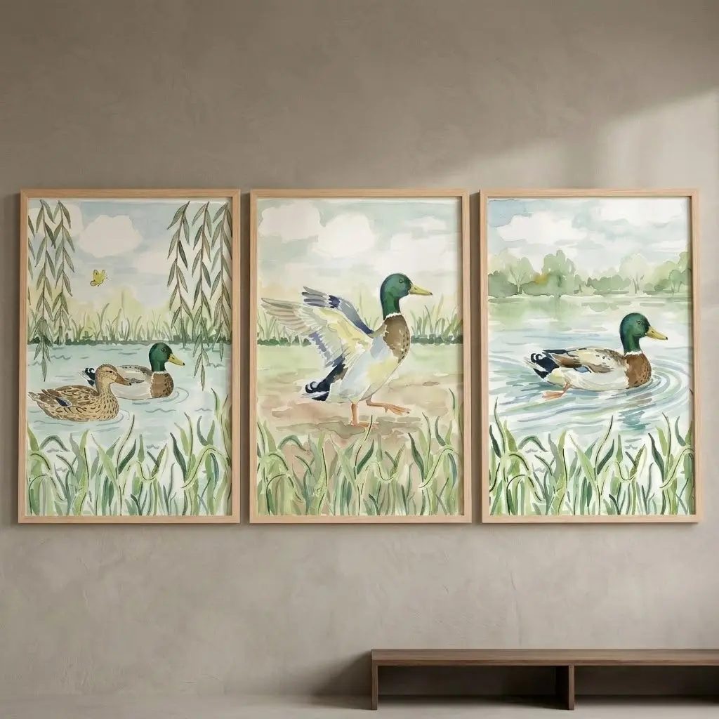 Muted Nature Mallard Duck Artwork Print No-frame Set of 3, Rustic Lake Poster House Decor, Nursery Animal Wall Art, 3 Piece Wall Art
