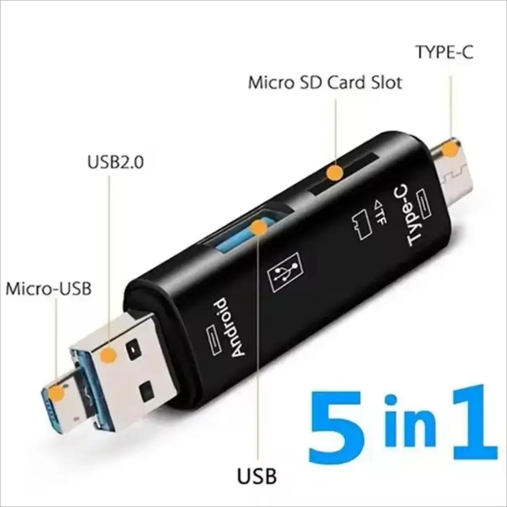 5-in-1 USB-C Card Reader OTG Adapter with SD/TF/Micro USB for Android Phone Laptop USB 2.0 Data Transfer