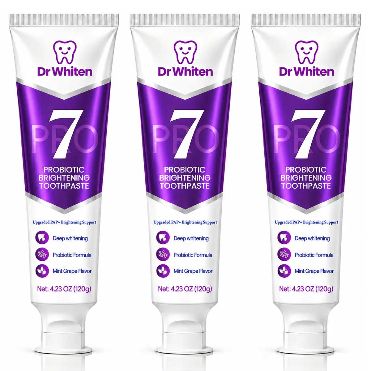 DrWhiten New 7-Pro Purple Probiotic Toothpaste | Fresh Breath & Color-Correcting | Helps Balance the Appearance of Yellow Tones | Fluoride-Free | Mint Grape Flavor | 4.23 oz