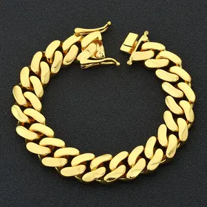 14K Gold Miami Cuban Link Chain with Hidden Magnetic Clasp 14mm Guban Necklace or Bracelet Stainless Steel Wide Heavyweight Hip Hop Rapper 7.5 - 30"