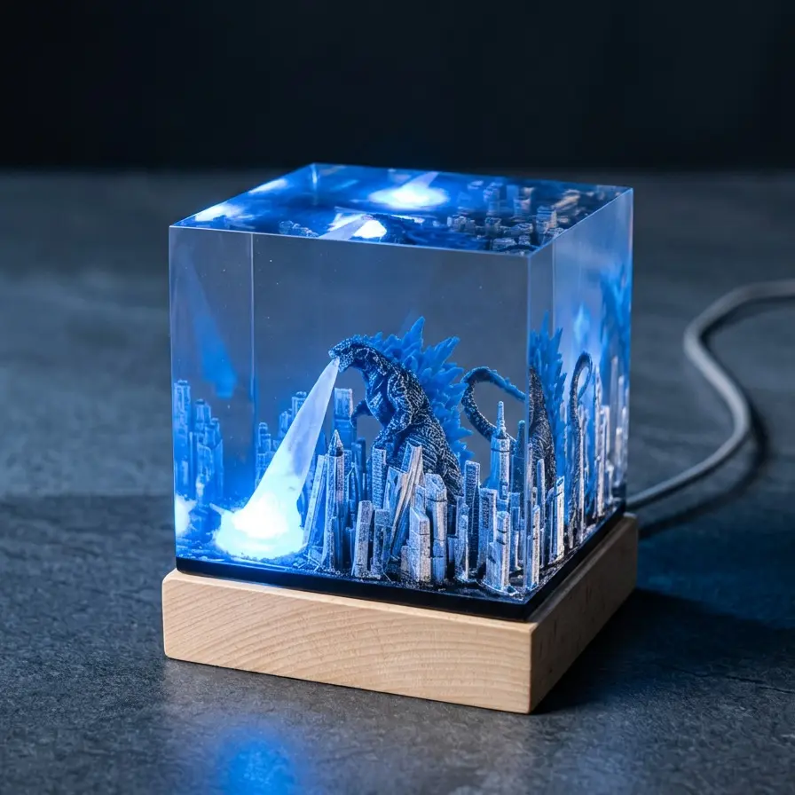 Handmade Godzilla Resin Lamp - 3D Destroyed City Diorama LED Night Light with Glowing Atomic Breath Effect, Wood Base, USB-Powered Gamer Desktop Ambient Light, Bedroom Bedside Decor, Novelty Gift for Teen Gamers & Monster Toy Collectors