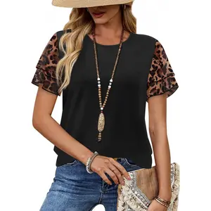 Women's Summer Tops Fashionable Ruffle Short Sleeve Shirt Casual Chiffon Shirt Beach Vacation Wear