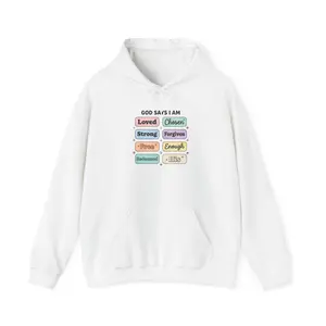 Men's God Says I Am Christian Hoodie, Soft Cotton Blend Pullover with Colorful Scripture Prints, Kangaroo Pocket and Drawstring