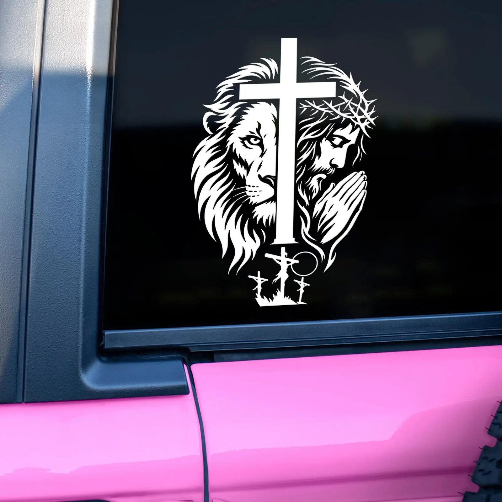 Lion of Judah, Cross, Praying Jesus & Crown of Thorns Car Decal, Waterproof Vinyl Sticker for Car Truck Window, Faith Gift for Christians