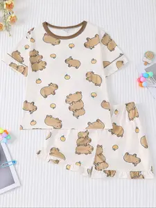 Girl's Cartoon Print Tee & Elastic Waist Shorts Pyjama, Cute Comfy Round Neck Short Sleeve T-Shirt & Shorts PJ Set, Kids Sleepwear for Summer, Pajamas Sleepwear, Fruit Print Pajamas