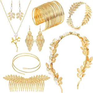 Greek Goddess Costume Accessories Golden Laurel Leaves Arm Cuff Bridal Crown Headband Leaf Hair Comb Necklace Earring Toga Costume Accessories for Women(8pcs)