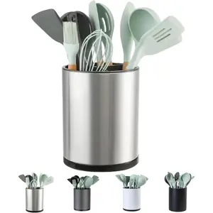 Kitchen Utensil Holder Extra Large 360°Rotating For Counter Organizer Stainless Steel Storage Cooking Silverware Caddy 3 Compartment Flatware Spoon Spatula Tool Cutlery Container(Silvery)