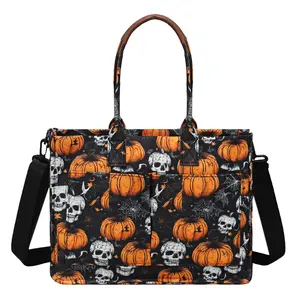 RIVERICH Spooky Halloween Tote Bag for Women, Vintage Skull & Pumpkin Print Canvas Crossbody Bag with Adjustable Strap, Reusable Trick-or-treat Candy Bag features a large capacity and secure zippered closure for Parties, Costume Accessories, Grocery Hauls