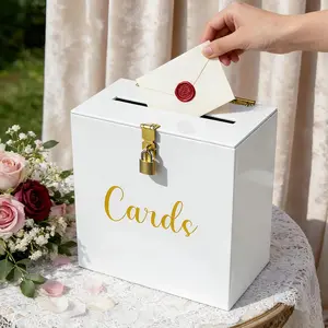 Acrylic Wedding Card Box with Slot & Lock, White Card Box for Wedding Reception, Elegant Money Envelope Box for Baby Shower Bridal Shower Graduation Birthday Party Decor 10.2x5.5x10.2 Inch