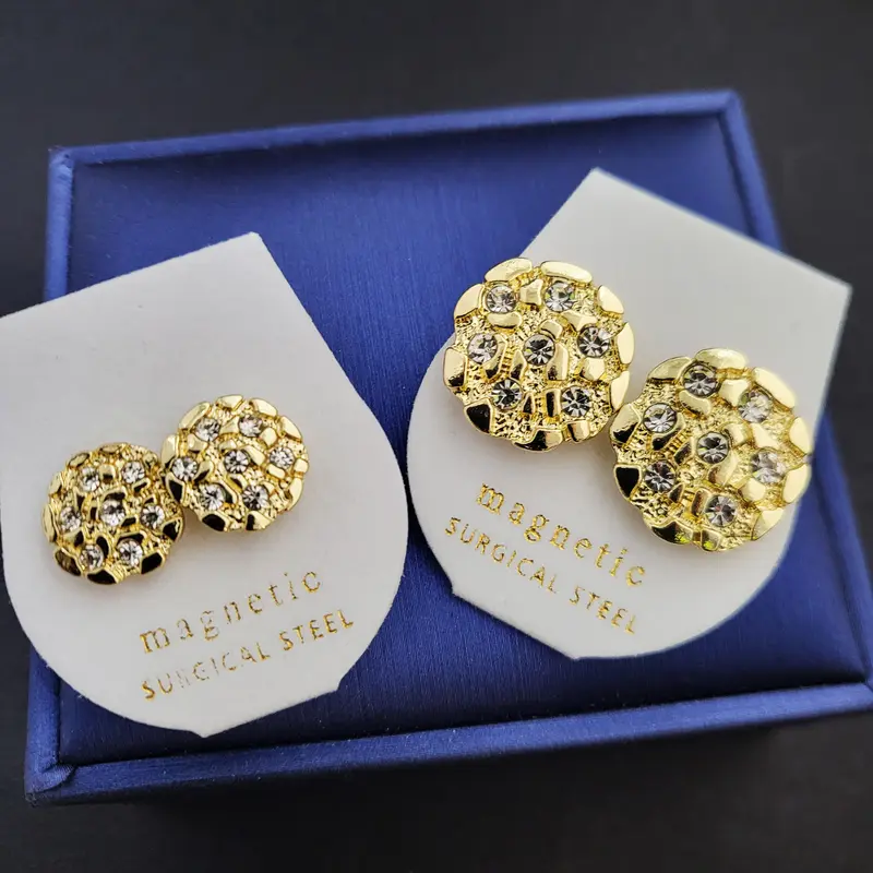 MaxBling81 Iced Gold-Plated Alloy Cubic Zirconia Nugget Chunky Statement Magnetic Stud Earrings - Unisex Adult Trendy Jewelry, Small/Large Sizes, Streetwear Accessory for Casual/Dressed-Up Looks