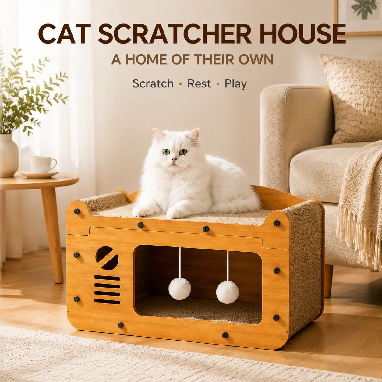 3-in-1 Corrugated Cardboard  Scratcher House,  Indoor Home Use Pet Sofa Bed, Cat Lounge Furniture, Trending Pet Products Puppy Bed with Hanging Teaser Balls, Breathable Anti-Toppling Indoor Soft Pet  for  Resting & Playing