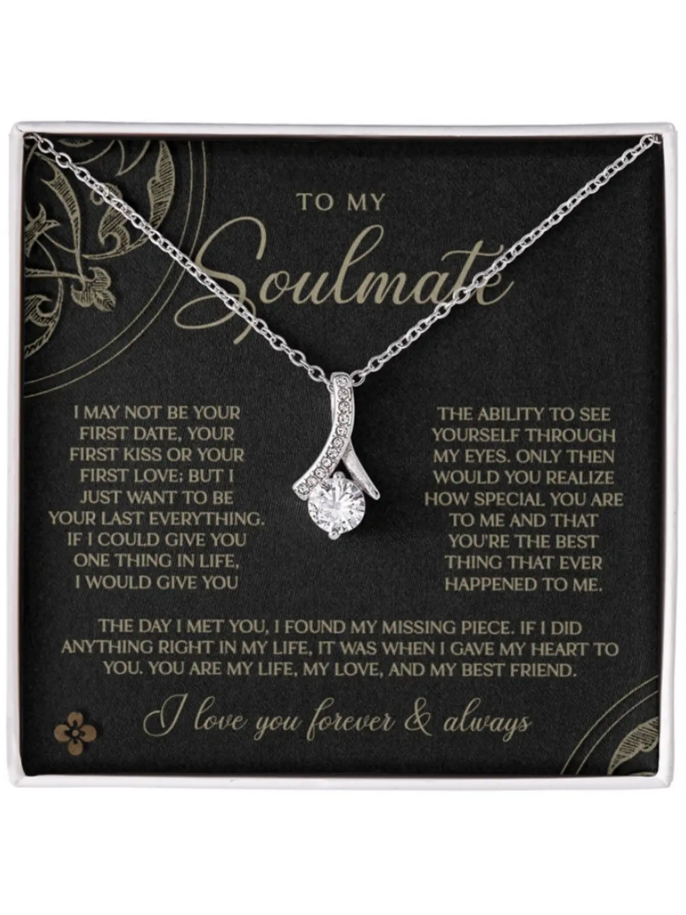 To My Soulmate V-shaped Pendant Necklace with Card and Gift Box Romantic Jewelry Anniversary Birthday Gift for Wife/Girlfriend,Love Gifts for Her