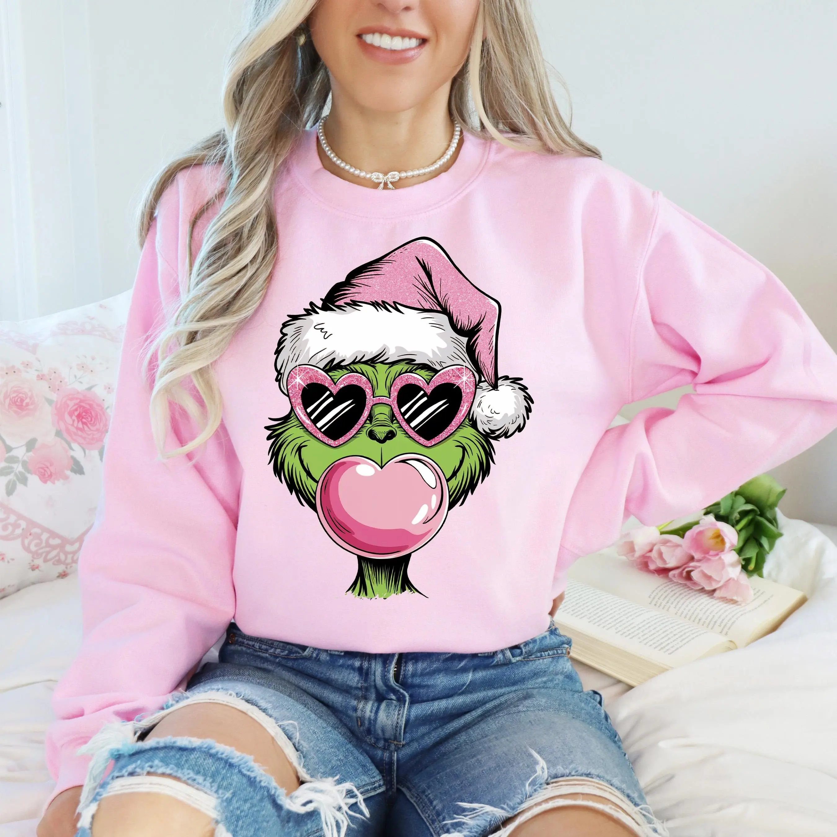 Grinchy but Boujee Christmas Sweatshirt, Christmas Sweater, Merry Christmas Shirts, Christmas Movie Shirts, Christmas Part T-Shirt, X mas Tees Cotton Crewneck Sweater Womenswear Tops Women Lady