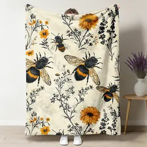 Ultra-Soft Watercolor Flannel Throw Blanket - Breathable, Multi-Size, Nature-Theme Real Bee & Sunflower Print, Cozy Warm Fleece, for Couch & Bedroom, Perfect Gift for Nature Enthusiasts, All-Seasons Use, Blankets for Bedroom, Throw Blankets