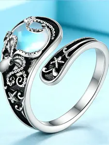 Women's 925 Silver Plated Bohemian Moonstone Fish Spoon Adjustable Ring, Hypoallergenic Open Design, Fashionable Daily Wear Jewelry Gift, Filigree Ring