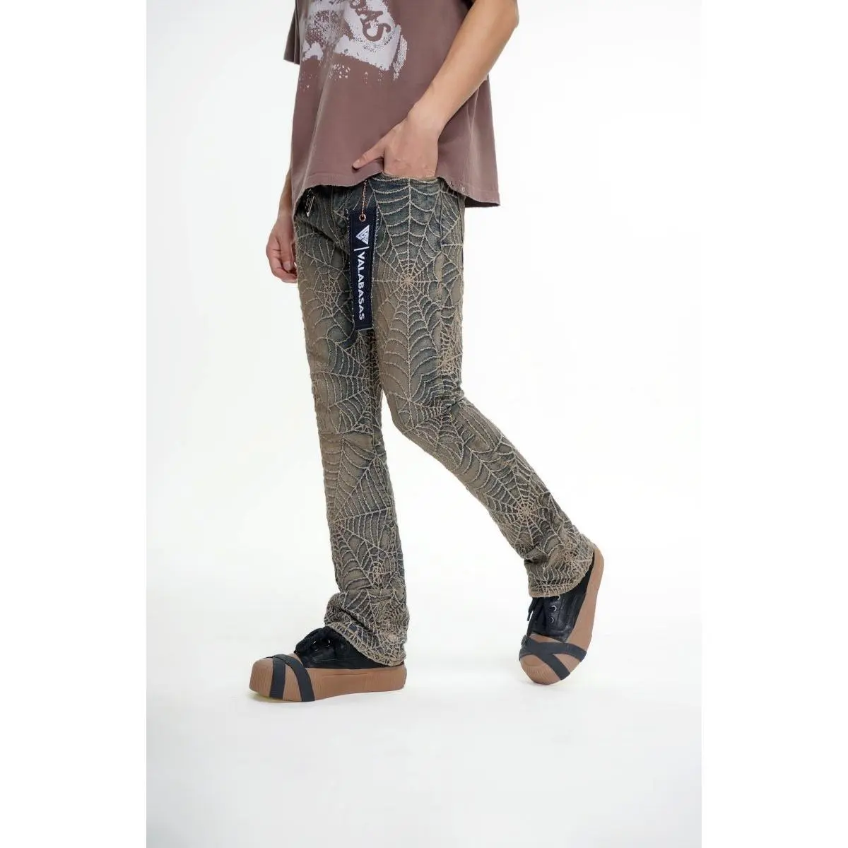 Men's Tapered Stacked Jeans, Operator Streetwear Denim with All-Over Web Detailing in a Vintage Tan Wash, Valabasas Operator, Mensfashion