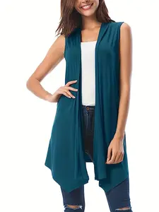 【Plus Size】 Solid Color Open Front Vest Coat, Green, Casual Chic Sleeveless Outerwear for Summer, Women's Clothes for Daily Wear